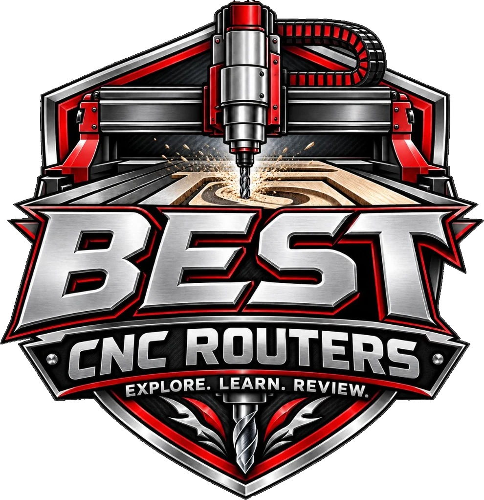 Best CNC Routers badge — a gantry CNC router carving a wood panel